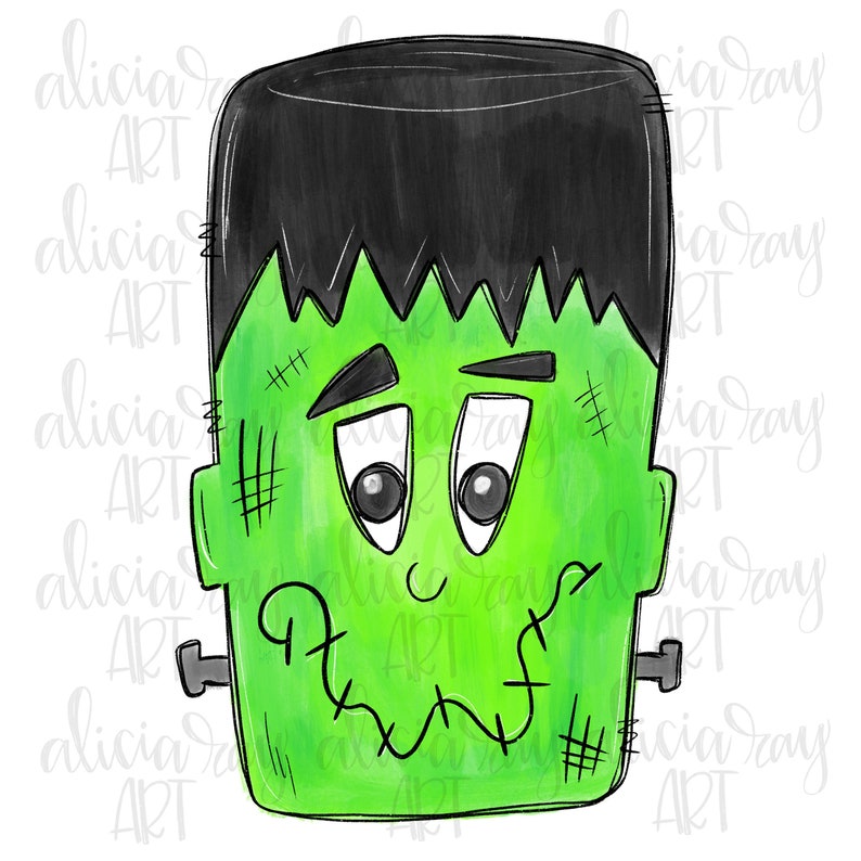 Op de afbeelding: Een cartoonillustratie van een groen Frankenstein-monster met zwart haar, gestikte littekens en grote ogen. Het monster heeft een droevige uitdrukking.