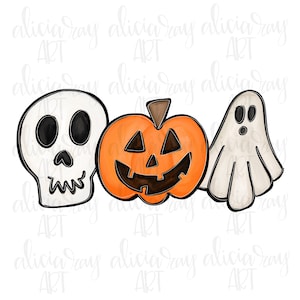 Puede incluir: Una ilustración de temática de Halloween con una calavera blanca, una calabaza naranja con una cara de calabaza tallada y un fantasma blanco.