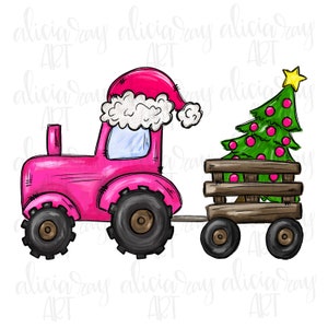 May include: A pink tractor with a Santa hat pulls a wagon carrying a decorated Christmas tree. The wagon has wooden sides and wheels. The tree is green with red ornaments and a yellow star on top.