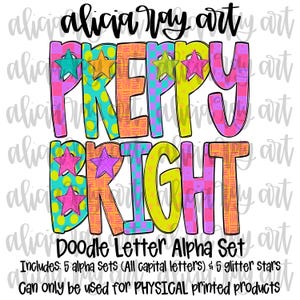 Preppy Bright Neon Hand Drawn Doodle Letter Alpha Set Download digital | Letras de rabisco de A a Z | Xadrez | Estrelas | Alpha Pack