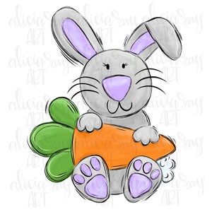 Bunny PNG Sublimation Design | Easter | Hand Drawn Sublimation PNG | Digital Download | Printable Digital Art | Bunny holding carrot