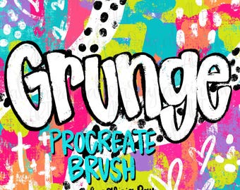 May include: Grunge Procreate Brush by Alicia Ray. A colorful digital illustration with a grunge aesthetic. The text "Grunge" is in bold white letters with a black outline. The text "Procreate Brush" is in white letters with a black outline. The text "by: Alicia Ray" is in white letters with a black outline.