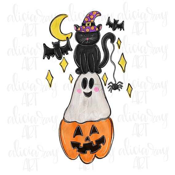 Fall Halloween PNG Digital Download | Hand Drawn Sublimation Printable Art | Whimsical | Jack O Lantern |  Ghost | Black Cat