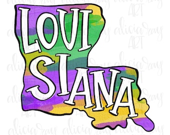 May include: A colorful illustration of the state of Louisiana with the word "LOUISIANA" written in white letters on a purple, green, and yellow background.