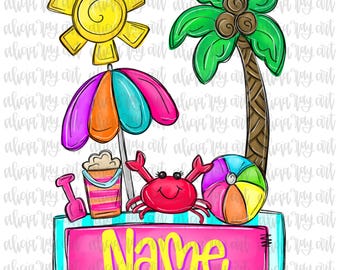 May include: A colorful beach-themed illustration featuring a yellow sun, a palm tree, and a beach umbrella. A red crab, a beach ball, and a bucket with a shovel are also present. The word "Name" is written on a pink sign.