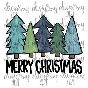 Puede incluir: Una ilustración digital de cinco árboles de Navidad estilizados en tonos azules y verdes con el texto "MERRY CHRISTMAS" debajo.