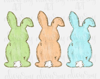 Easter Sublimation Design | Hand Drawn Easter PNG Design | Digital File Download | Painted Easter Bunnies | Bunny trio