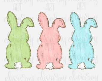 Easter Sublimation Design | Hand Drawn Easter PNG Design | Digital File Download | Painted Easter Bunnies | Bunny trio