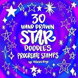 May include: A digital art graphic with a swirling blue and purple background. The image features white hand-drawn star doodles of various shapes and sizes. Text reads "30 Hand Drawn Star Doodles Procreate Stamps by: Alicia Ray."