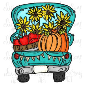 Puede incluir: Una camioneta vintage azul turquesa con una cama blanca llena de una calabaza, manzanas y girasoles. La camioneta tiene una pancarta que dice "Happy Fall".
