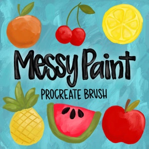 Könnte beinhalten: Eine digitale Illustration eines Procreate-Pinsels namens "Messy Paint". Das Bild zeigt eine Auswahl an Obst und Gemüse, darunter einen roten Apfel, eine gelbe Zitrone, eine rote Wassermelone, eine gelbe Ananas und eine rote Kirsche.