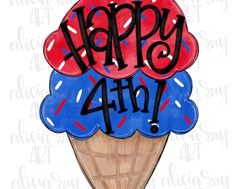 Patriotic Ice Cream PNG Design | Digital Download | Printable Art | Summer Design | Red White Blue | America | Ice Cream Cone | Happy 4th