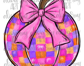 May include: A pink and purple plaid pumpkin with a large pink bow. The pumpkin is painted in a watercolor style with shades of pink, purple, orange, and yellow.