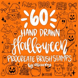 May include: An orange digital graphic featuring the white text 60 HAND DRAWN Halloween PROCREATE BRUSH STAMPS by Alicia Ray. The background is filled with black line art illustrations of pumpkins, ghosts, bats, skulls, a witch, and a haunted house.