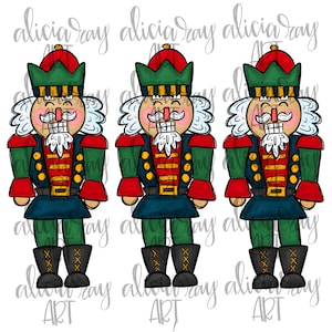 May include: Three watercolor illustrations of nutcracker soldiers. Each nutcracker is wearing a red and green uniform with a gold belt and a blue hat with a green crown. The nutcrackers have white hair and mustaches and are smiling.