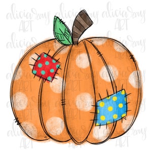 May include: A hand-painted orange pumpkin with white polka dots and colorful patchwork accents. The pumpkin has a green leaf on top and a brown stem.