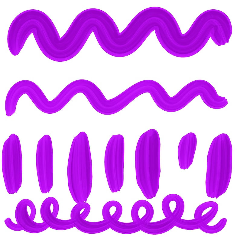 May include: Purple brushstrokes on a white background. The image features two wavy lines, several vertical strokes, and a looping, swirled line. The strokes vary in size and shape, creating a dynamic visual effect. The color is a vibrant, saturated purple.