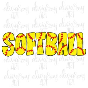 Softball Sublimation Design | Hand Drawn PNG Digital Download | Printable Digital Art | Cute Softball Doodle Word | Bubble Letters