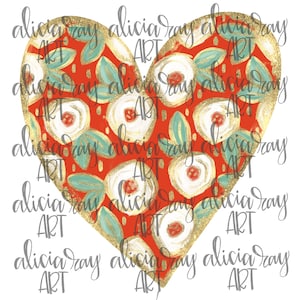 Valentine PNG Digital Download | Hand Drawn Digital Design | Sublimation Download | Floral Painted Heart | Textured Paint | Gold foil