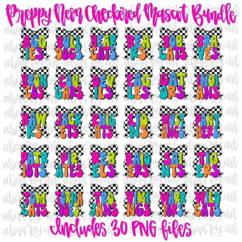 Preppy Bright Neon Checkered School Mascot Bundle PNG | Hand Drawn ...