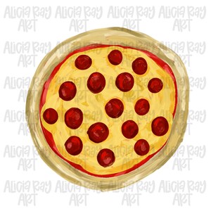 May include: A watercolour illustration of a pepperoni pizza. The pizza features a yellow cheese base, red sauce, and many dark red pepperoni slices. The crust is a light tan colour. The words "Alicia Ray ART" are in the background.