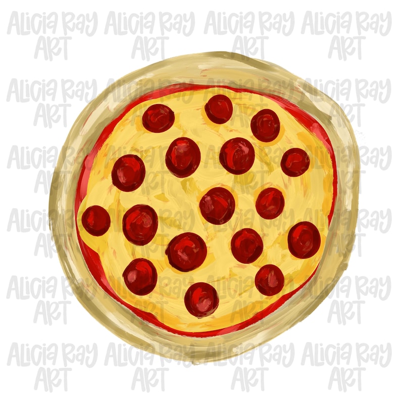 May include: A watercolour illustration of a pepperoni pizza. The pizza features a yellow cheese base, red sauce, and many dark red pepperoni slices. The crust is a light tan colour. The words "Alicia Ray ART" are in the background.