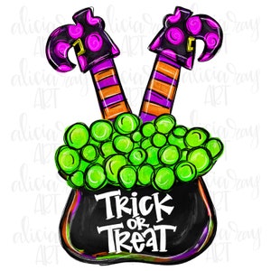 May include: A black cauldron with green and white polka dots, witch legs sticking out of the top, and the text "Trick or Treat" written in white.