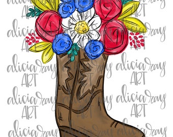 Patriotische Cowboystiefel PNG-Datei | Sublimationsdesign | Amerikanische Flagge | Vierter Juli | USA | Digitaler Download | Druckbar | Blumen