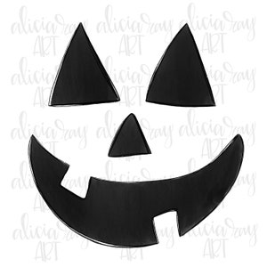 May include: Black and white illustration of a jack-o'-lantern face with a wide smile, triangular eyes, and a small nose.