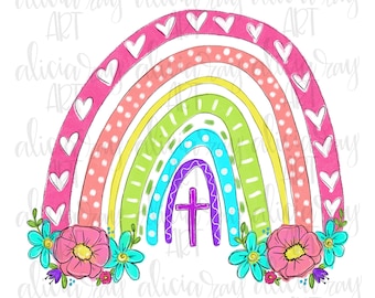 | de téléchargement Christian Digital | de fichier PNG de sublimation dessinée à la main | inspirante Arc-en-ciel avec | croisée | florale Jésus
