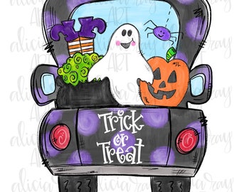 Halloween Truck Sublimation PNG Design | Hand Drawn | Digital Download | Whimsical fall truck | Witch | Spider | Ghost | Trick or Treat