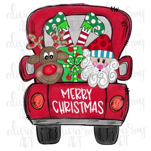 Diseño de sublimación navideña / Dibujado a mano / Descarga digital PNG / Camión de Navidad / Parte trasera del camión / Santa / Elfo / Presente / Reno
