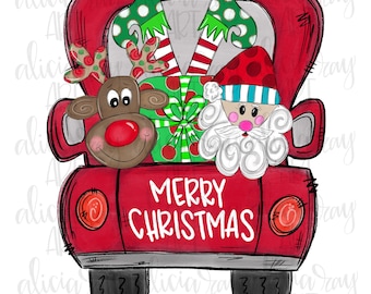 Diseño de sublimación navideña / Dibujado a mano / Descarga digital PNG / Camión de Navidad / Parte trasera del camión / Santa / Elfo / Presente / Reno