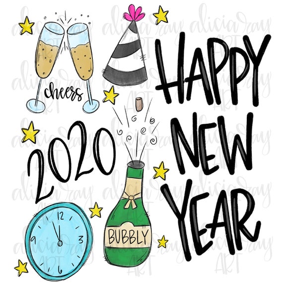 Happy New Year Sublimation Design | Hand Drawn | PNG Digital Download | New Years Design | 2020 | New Years Doodles |  New Years Eve