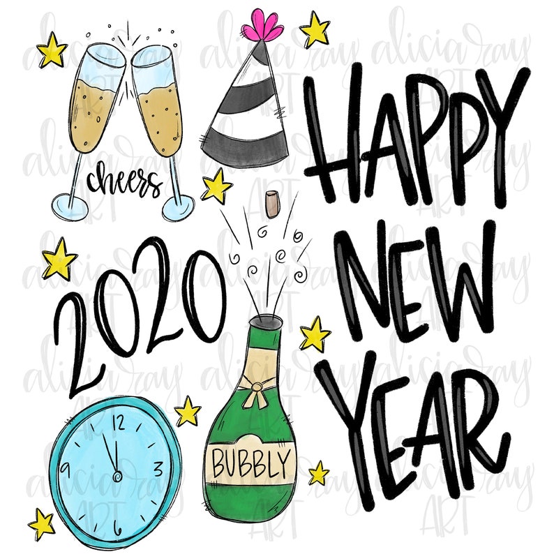 May include: A black and white illustration of a champagne bottle with a party hat, two champagne glasses, a clock, and the text "Happy New Year 2020".