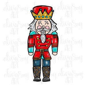 May include: A cartoon illustration of a nutcracker with a red and gold uniform, a blue and gold crown, and a white beard. The nutcracker is smiling and has a mustache.