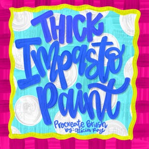 May include: A digital art graphic with the words "Thick Impasto Paint" in blue, over a light blue background with white circles. The text "Procreate Brush by: Alicia Roy" is at the bottom. The graphic is framed with yellow and set against a pink woven background.