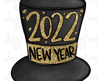 New Years Sublimation Design Hand Drawn PNG Digital Download Watercolor  Happy New Year Gold Glitter Top Hat - Etsy