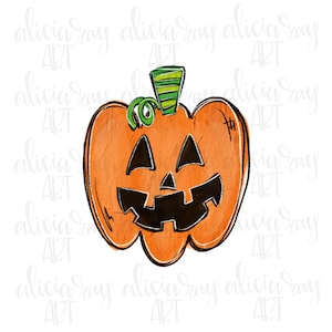 May include: A hand-painted orange pumpkin with a green stem and a friendly face. The pumpkin has a black outline and a black smile with two black eyes.