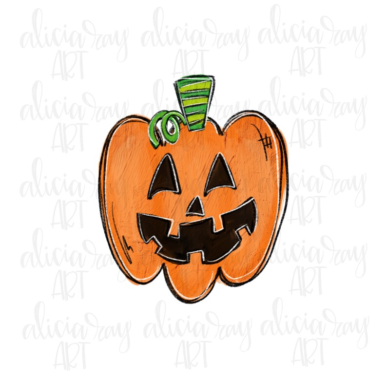 May include: A hand-painted orange pumpkin with a green stem and a friendly face. The pumpkin has a black outline and a black smile with two black eyes.