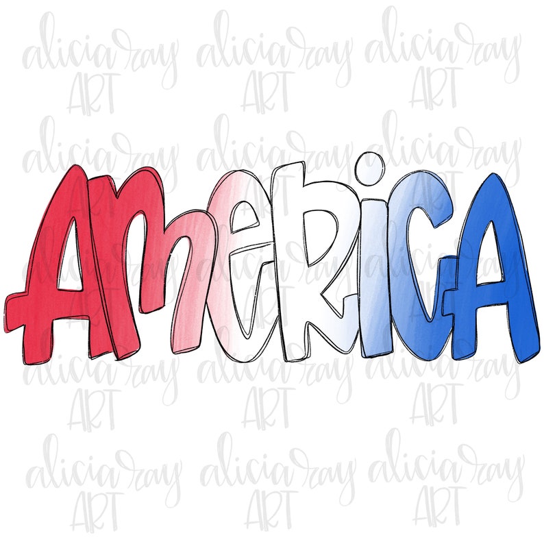 Puede incluir: Una ilustraci&oacute;n de estilo acuarela de la palabra "AMERICA" en rojo, blanco y azul. Las letras son estilizadas y tienen un aspecto dibujado a mano.
