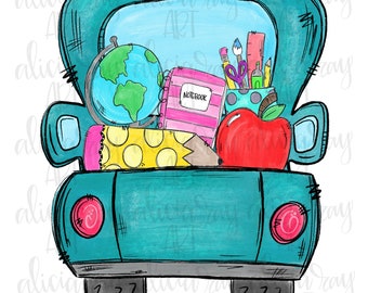 Teacher Truck Sublimation PNG Design | School Truck | Hand Drawn Digital Download | Printable Artwork | Digital Art | School Supplies