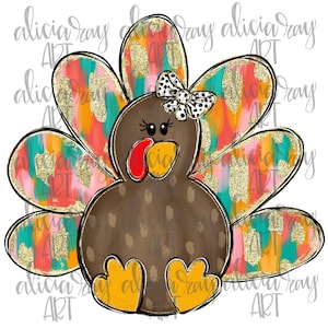May include: A cartoon turkey illustration with a colorful, abstract feather design. The turkey is brown with a red wattle, yellow beak and feet, and a black and white polka dot bow. The background is white.