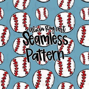 Puede incluir: Un patrón sin costuras que presenta pelotas de béisbol blancas con costuras rojas sobre un fondo azul claro. El texto "Alicia Ray art Seamless Pattern" está en el centro del diseño.