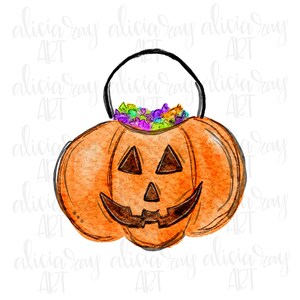 Puede incluir: Una ilustración de acuarela de una calabaza naranja con una cara de jack-o'-lantern. La calabaza tiene forma de cubo con un asa negra y está llena de caramelos de colores.