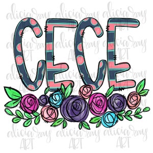 May include: A digital illustration of the name "CECE" in blue, pink, and white with a polka dot and striped pattern. The name is surrounded by a border of pink, purple, blue, and green flowers.