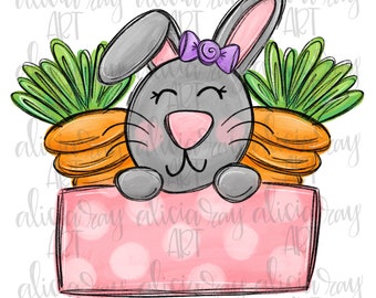 May include: A gray bunny with a pink nose and purple bow holding a pink sign with white polka dots. The bunny is holding two orange carrots with green tops.