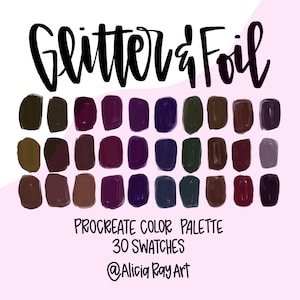 Può includere: Una tavolozza di colori digitale con 30 campioni in tonalità di marrone, viola e verde. La tavolozza è intitolata "Glitter & Foil" ed è per Procreate. Il nome utente dell'artista sui social media è @AliciaRayArt.