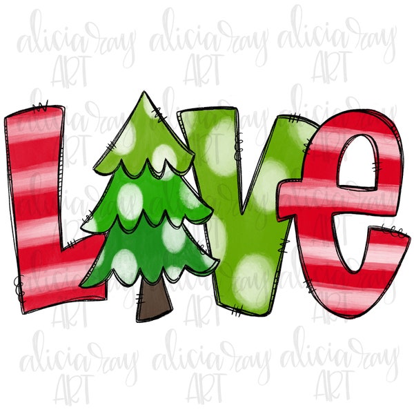 Love Christmas Sublimation PNG Design | Hand Drawn | Watercolor | Digital Download | Whimsical Christmas tree painting | Hand painted