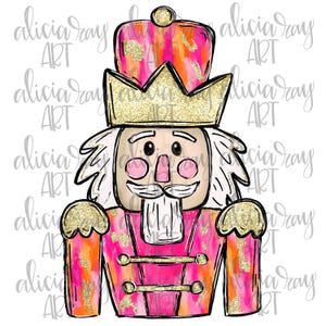 May include: A pink and orange watercolor nutcracker with a gold crown and glitter accents. The nutcracker has a white beard and mustache, and a black and white striped hat.